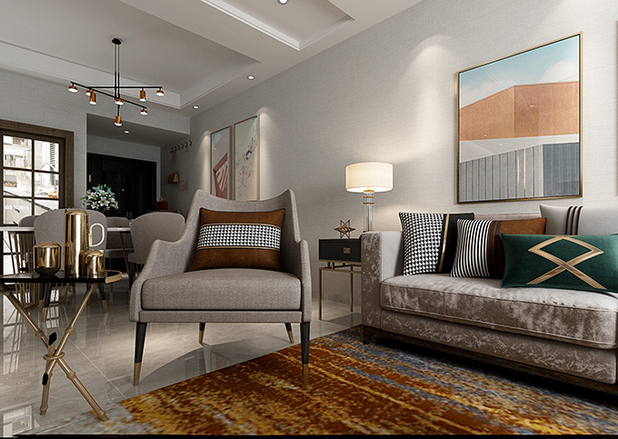 客餐厅吊顶朴素时尚，通过温和的白色射灯点缀，烘托出家的温馨气息。