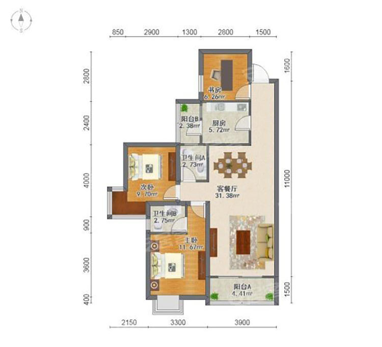 贵阳优品新城三室99㎡黑灰现代混搭